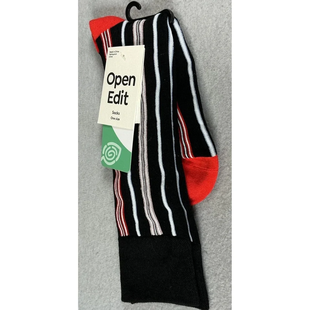 Open Edit Crew Socks Black‎ Red White Striped One Size NWT Casual Dress Socks